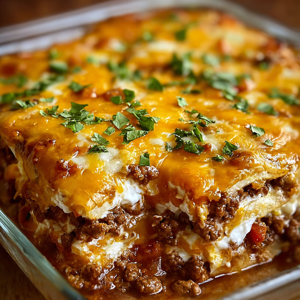 A delicious casserole dish filled with meat and cheese, ready to be baked.
