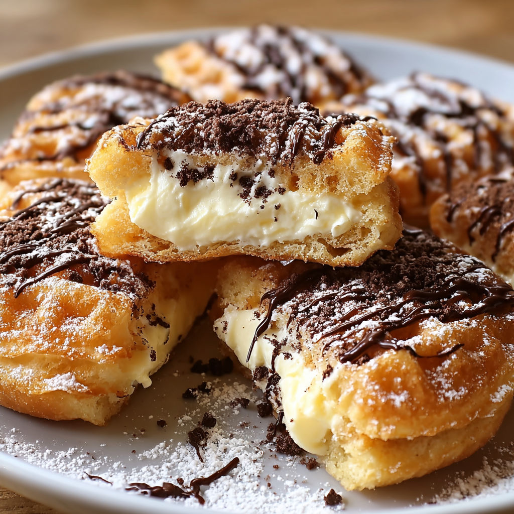 A plate of chocolate covered cream filled pastries.