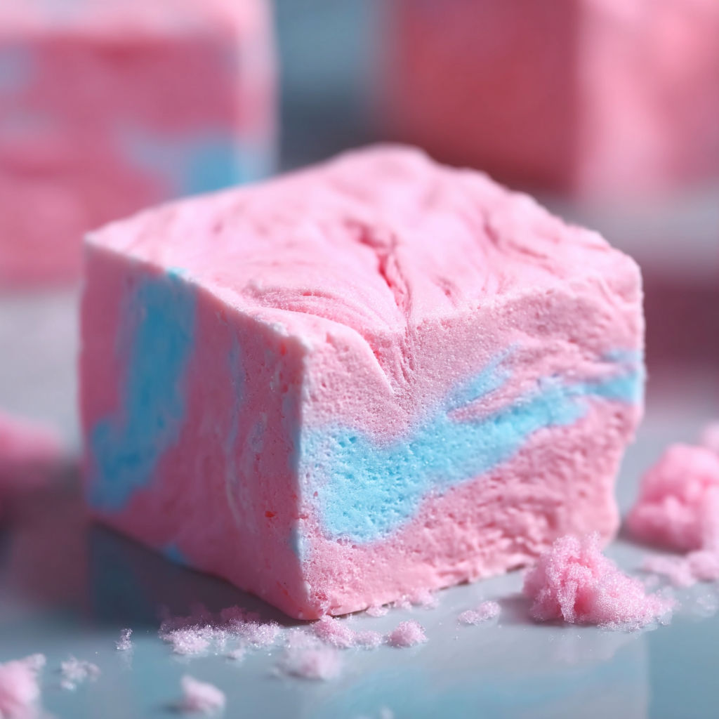 A piece of Cotton Candy Fudge with a swirl of pink and blue colors.