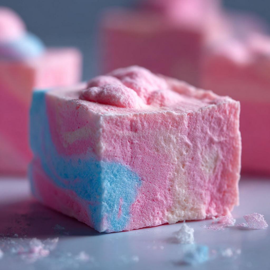A piece of Cotton Candy Fudge with a blue and pink swirl.