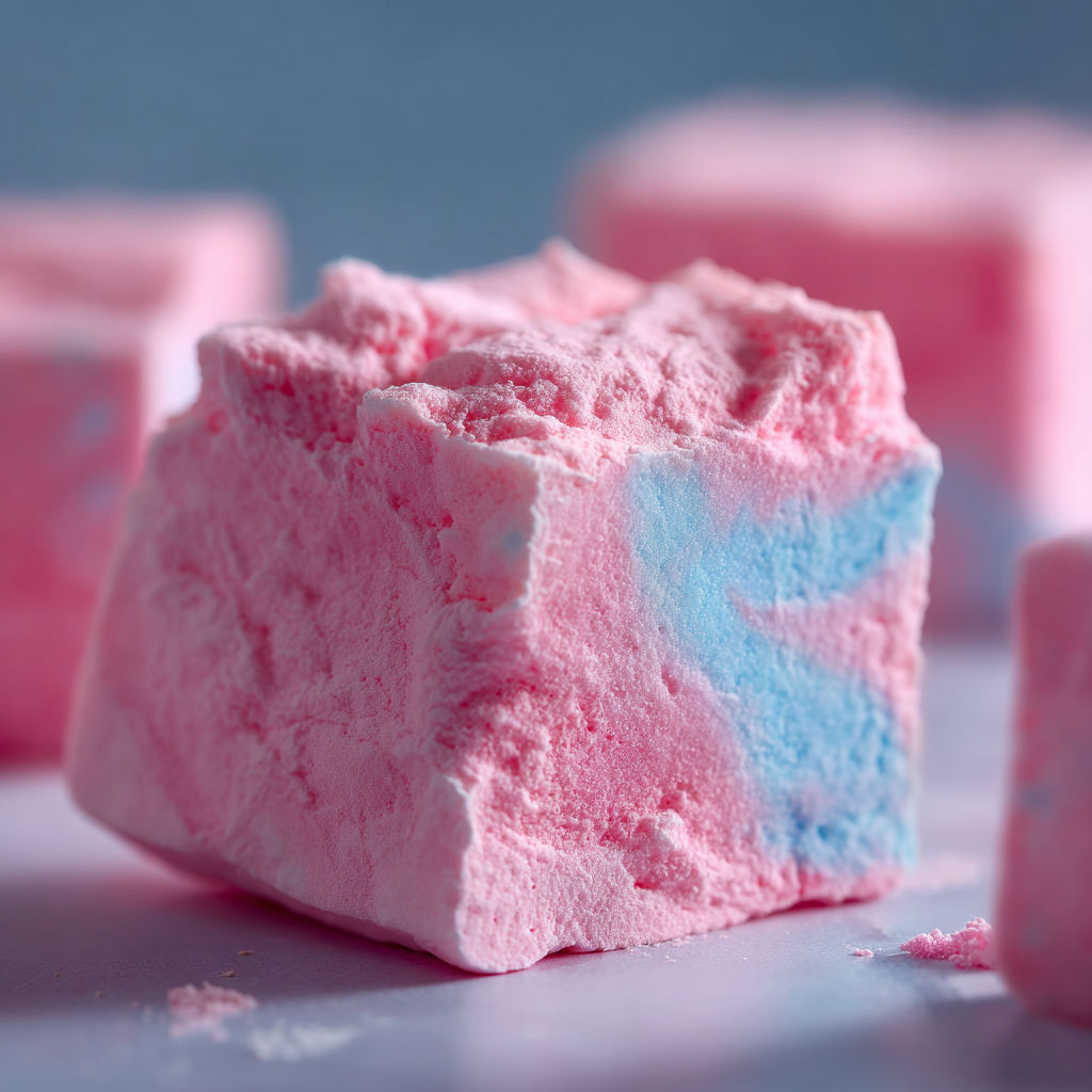 A close-up of a piece of Cotton Candy Fudge, showing its pink and blue colors and the texture of the fudge.