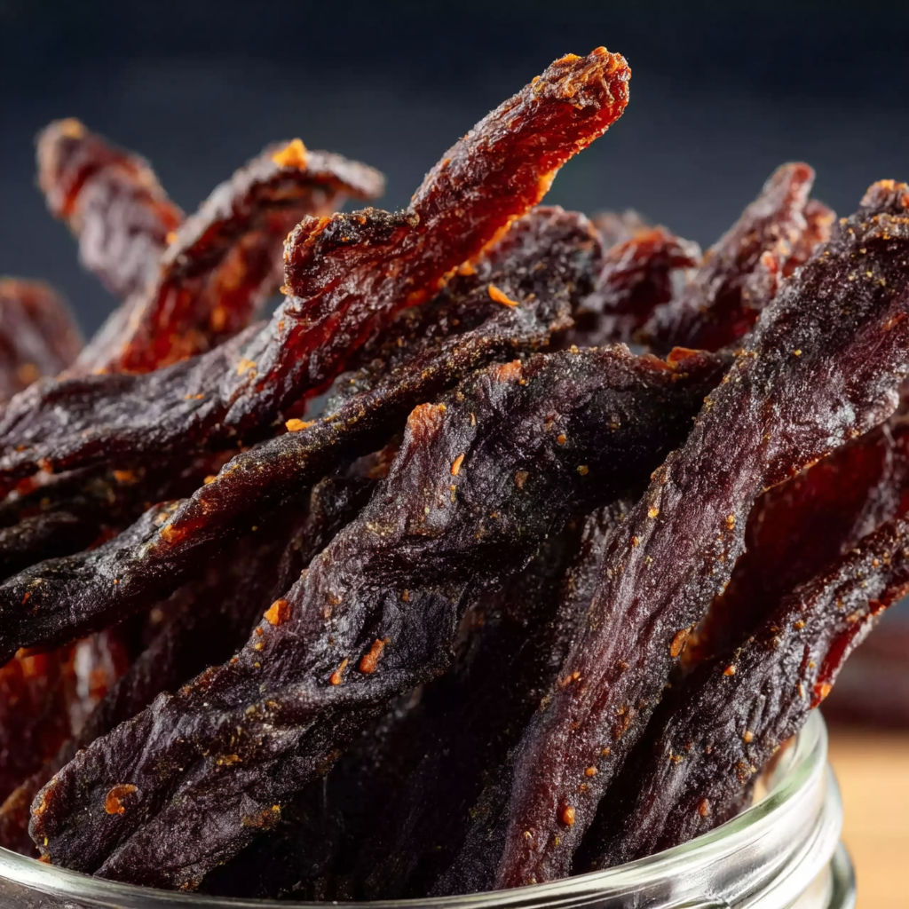 A jar filled with air fryer beef jerky, ready to be enjoyed.