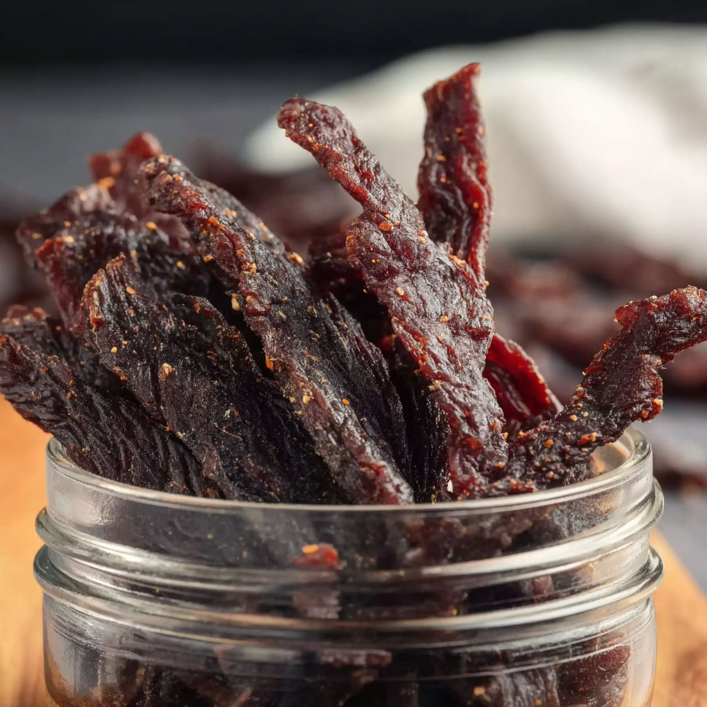 A jar of beef jerky is displayed on a table, ready to be used in a recipe.