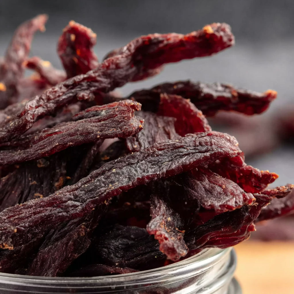 A jar of dried meat, possibly beef jerky, sits on a table.