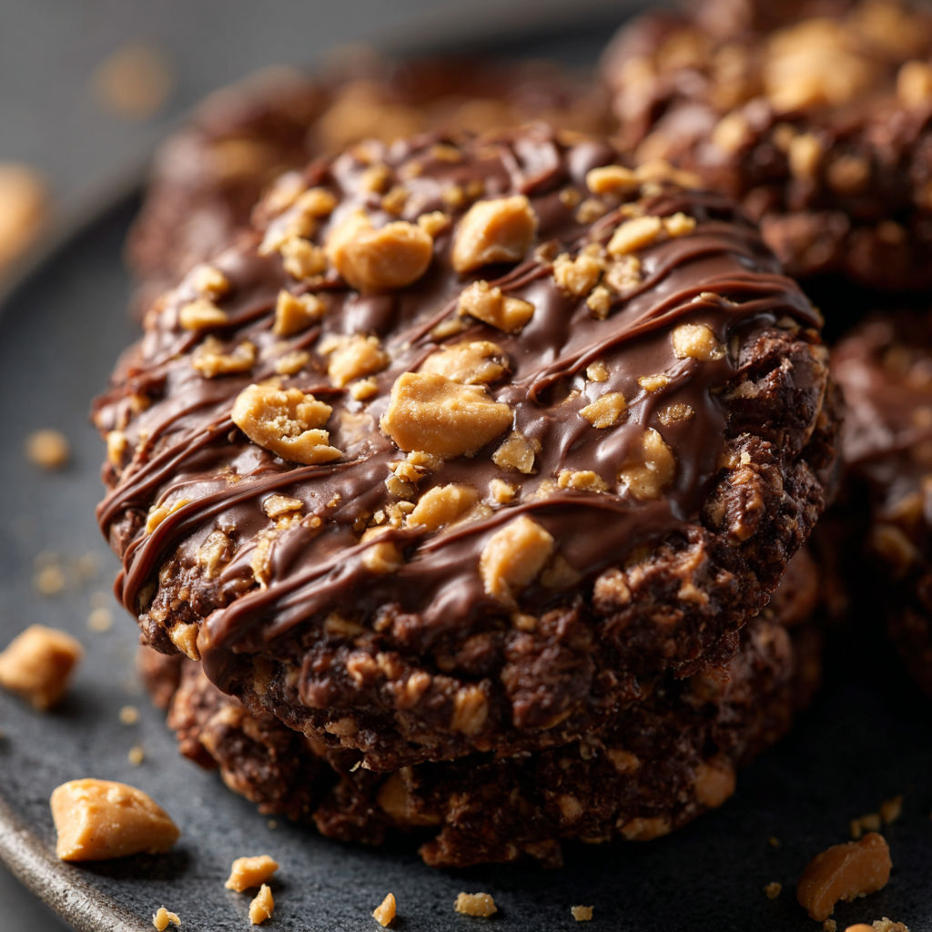 A close-up of a delicious chocolate and peanut butter cookie with a generous amount of peanut topping.