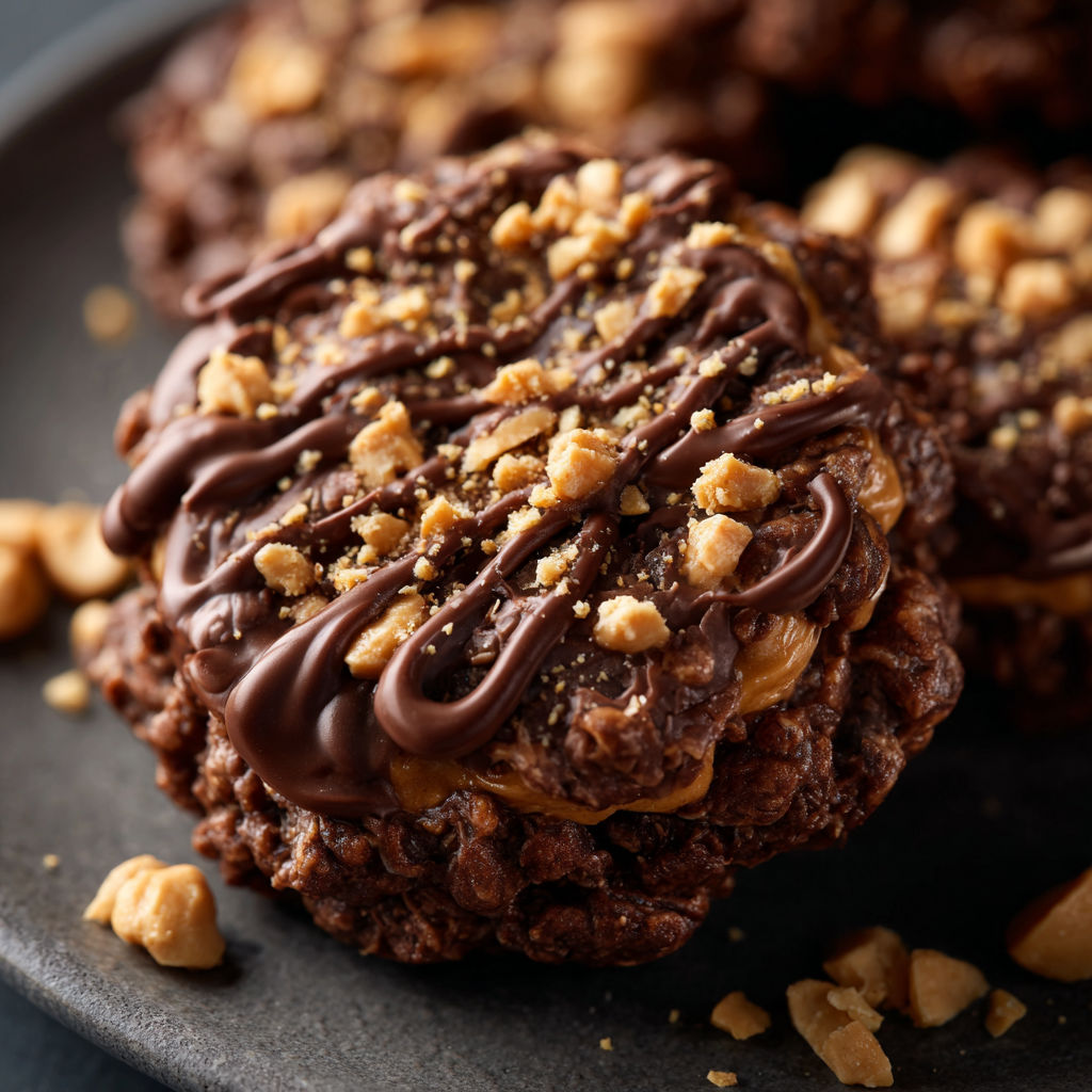 A plate of chocolate chip cookies with peanut butter drizzled on top.