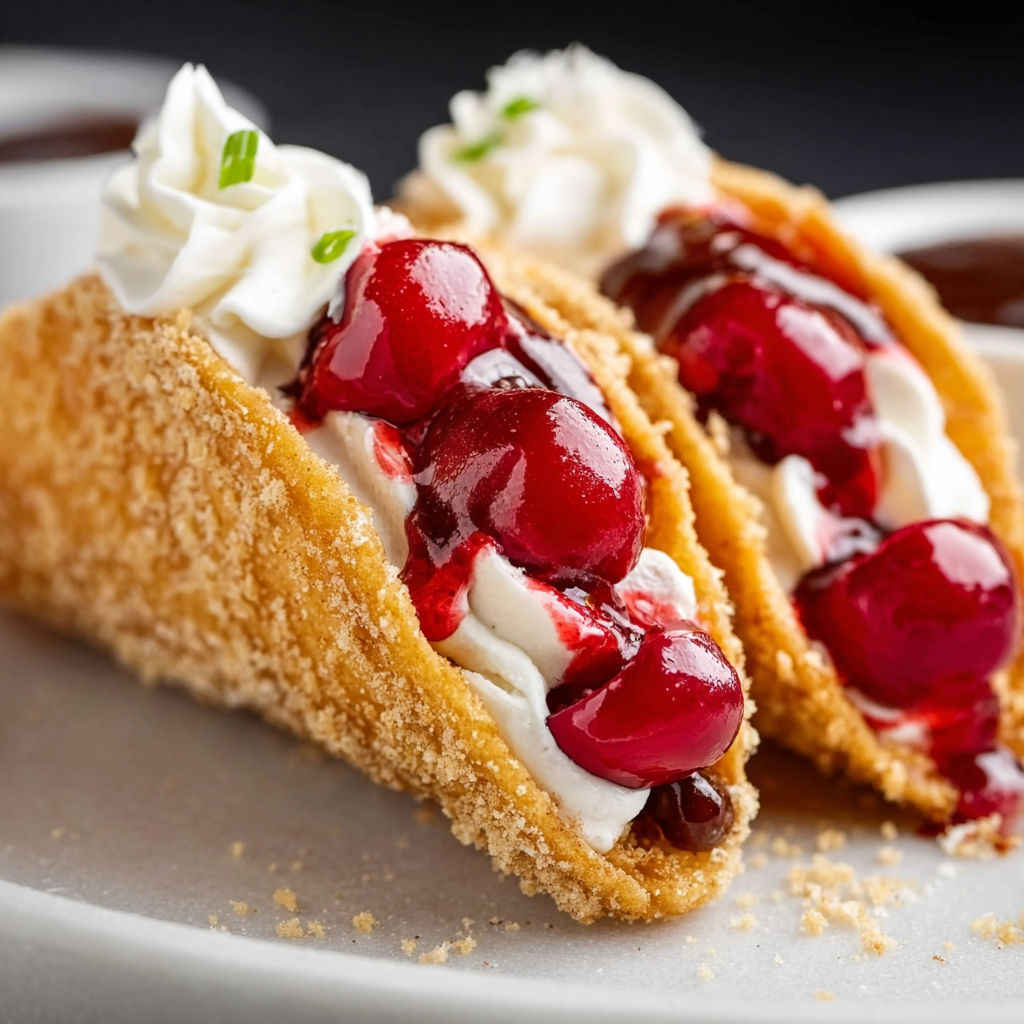 A plate of cherry cheesecake tacos with whipped cream on top.