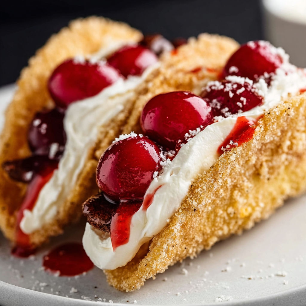 A plate with two cherry cheesecake tacos on it.