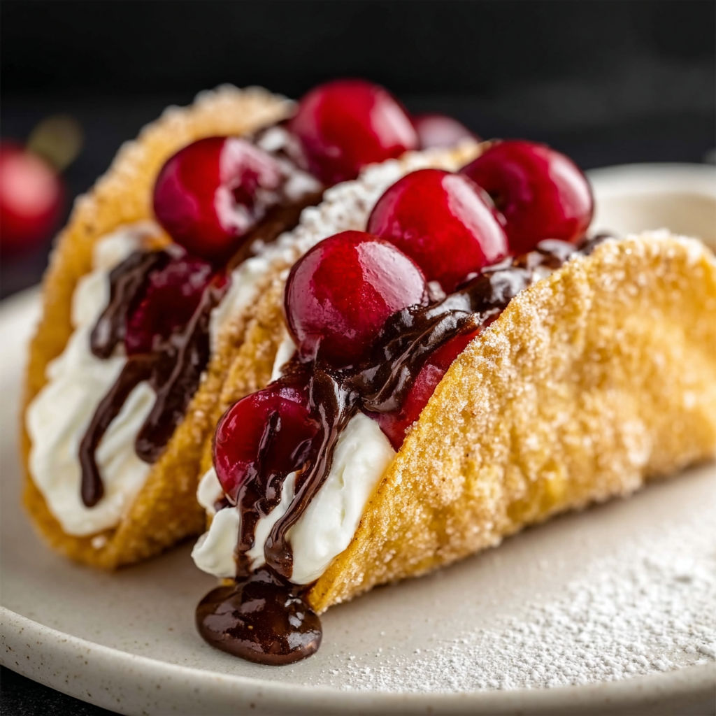 A delicious dessert, Cherry Cheesecake Tacos, is presented on a plate.