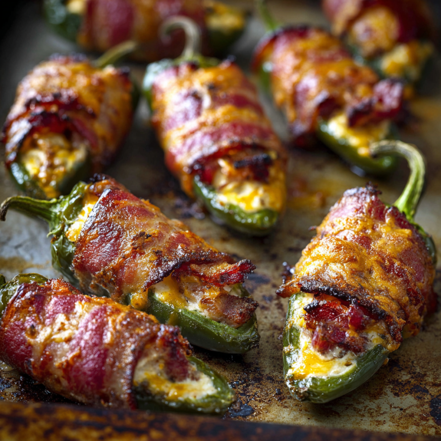 A plate of bacon wrapped peppers, also known as Texas Twinkies, are cooked and ready to be served.