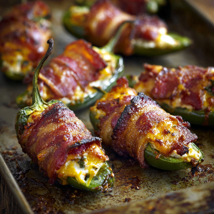 A pan of bacon wrapped peppers with cheese and bacon on top.