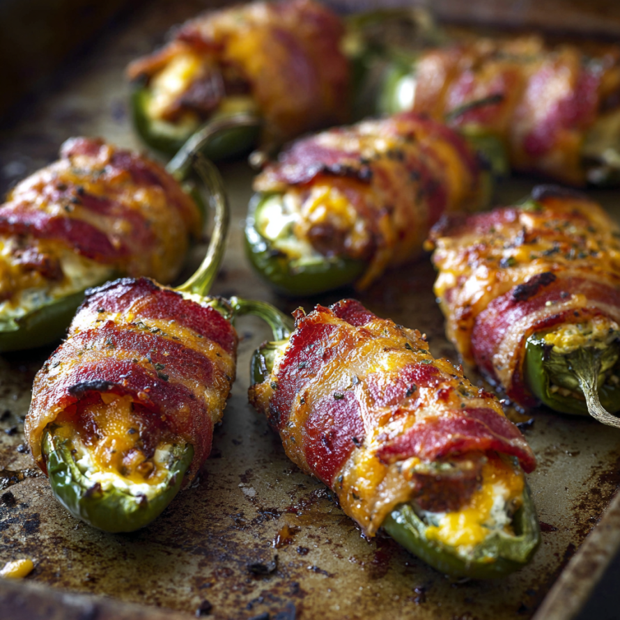 A pan of bacon wrapped peppers on a stove.