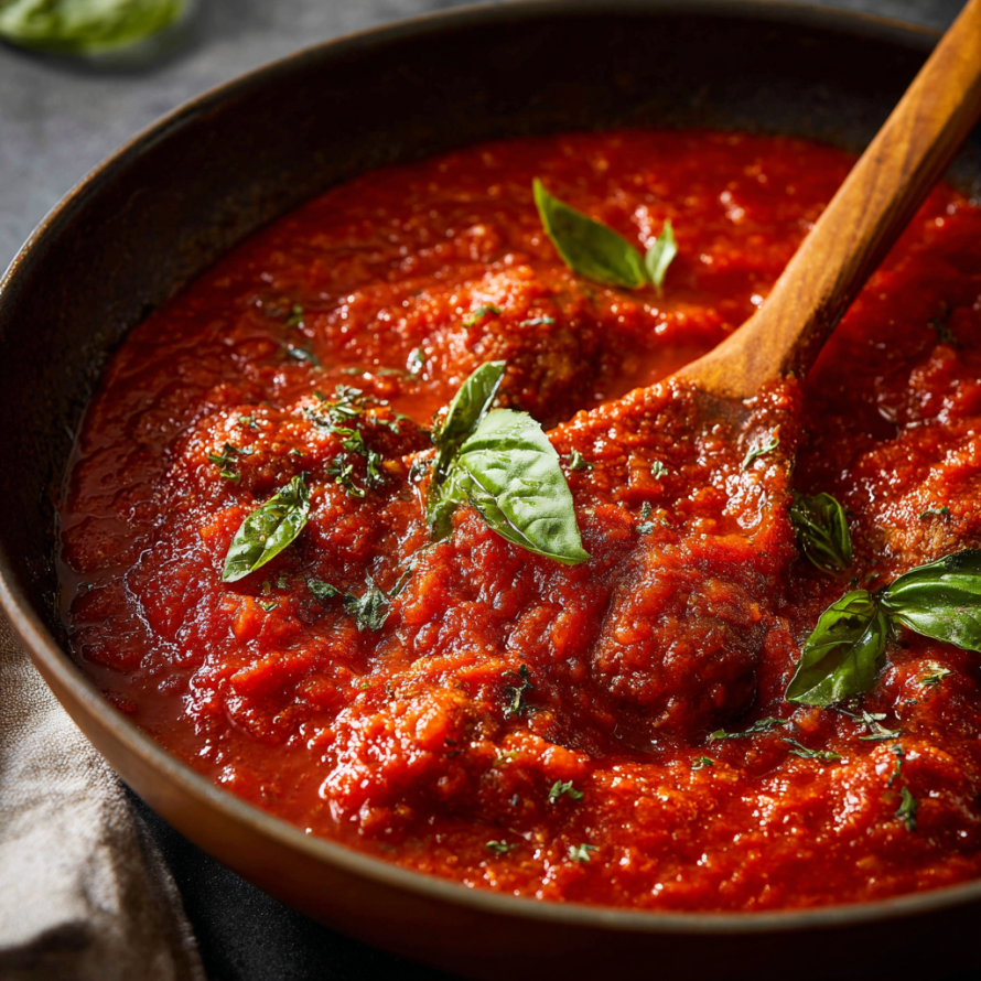 A bowl of Italian Sunday Sauce with a wooden spoon in it.