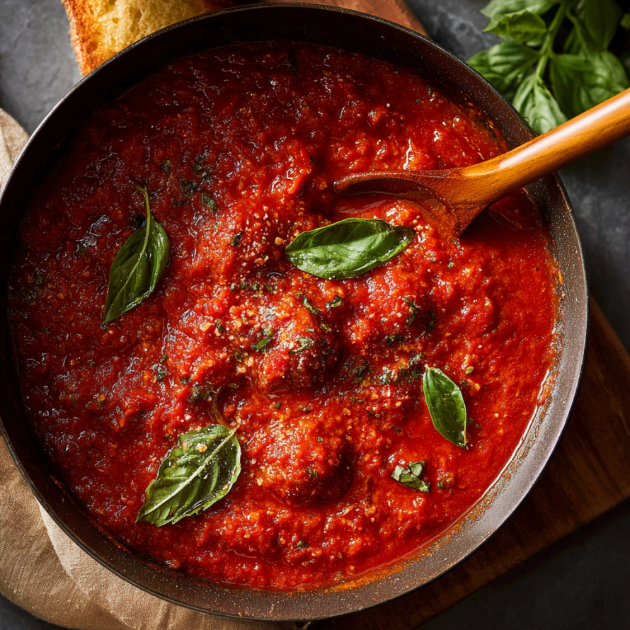 A bowl of red sauce with green herbs on top, likely a marinara sauce.