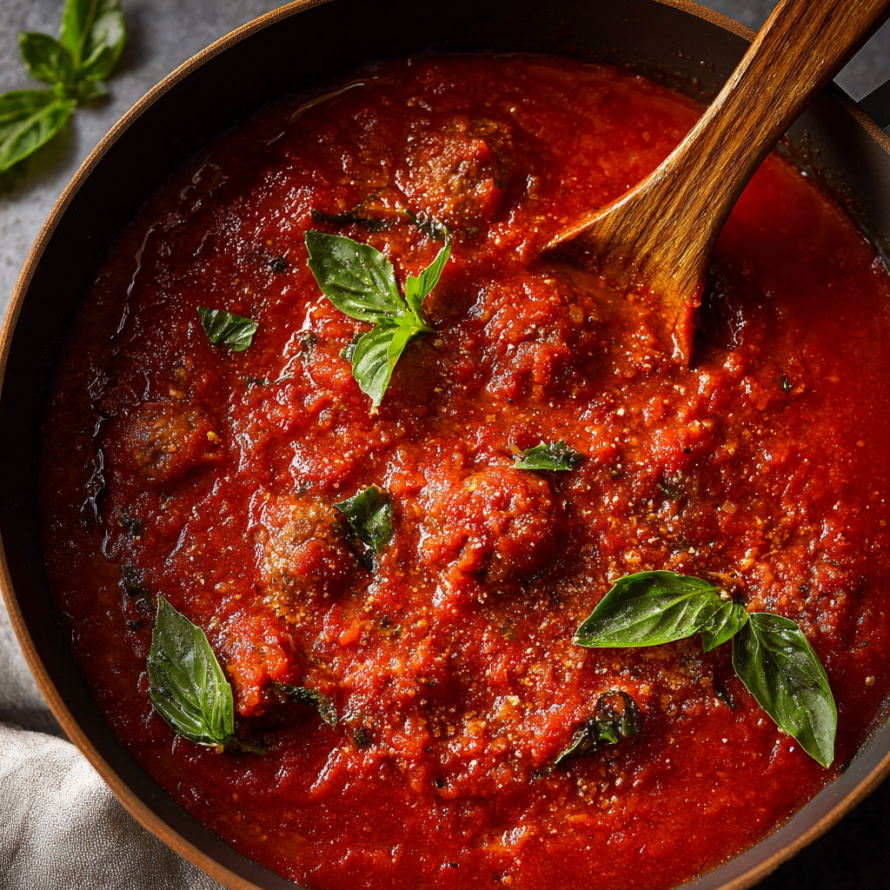 A bowl of red sauce with meatballs and basil leaves.