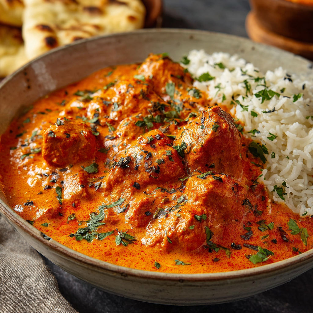 A bowl of butter chicken with rice and spices.
