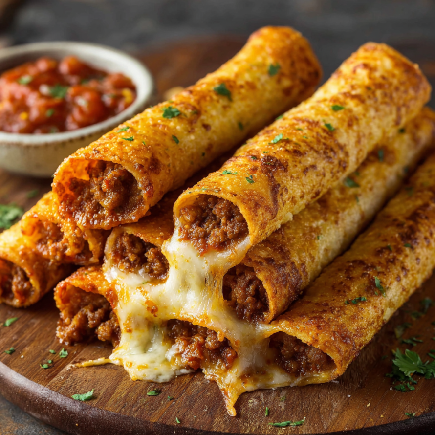 A plate of cheesy taco sticks with a bowl of salsa on the side.