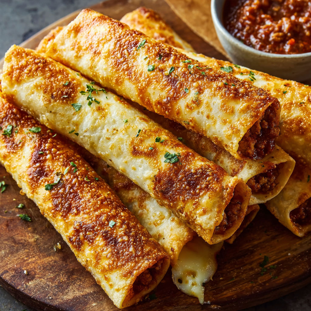 A delicious meal of enchiladas with cheese and meat, served on a wooden cutting board.