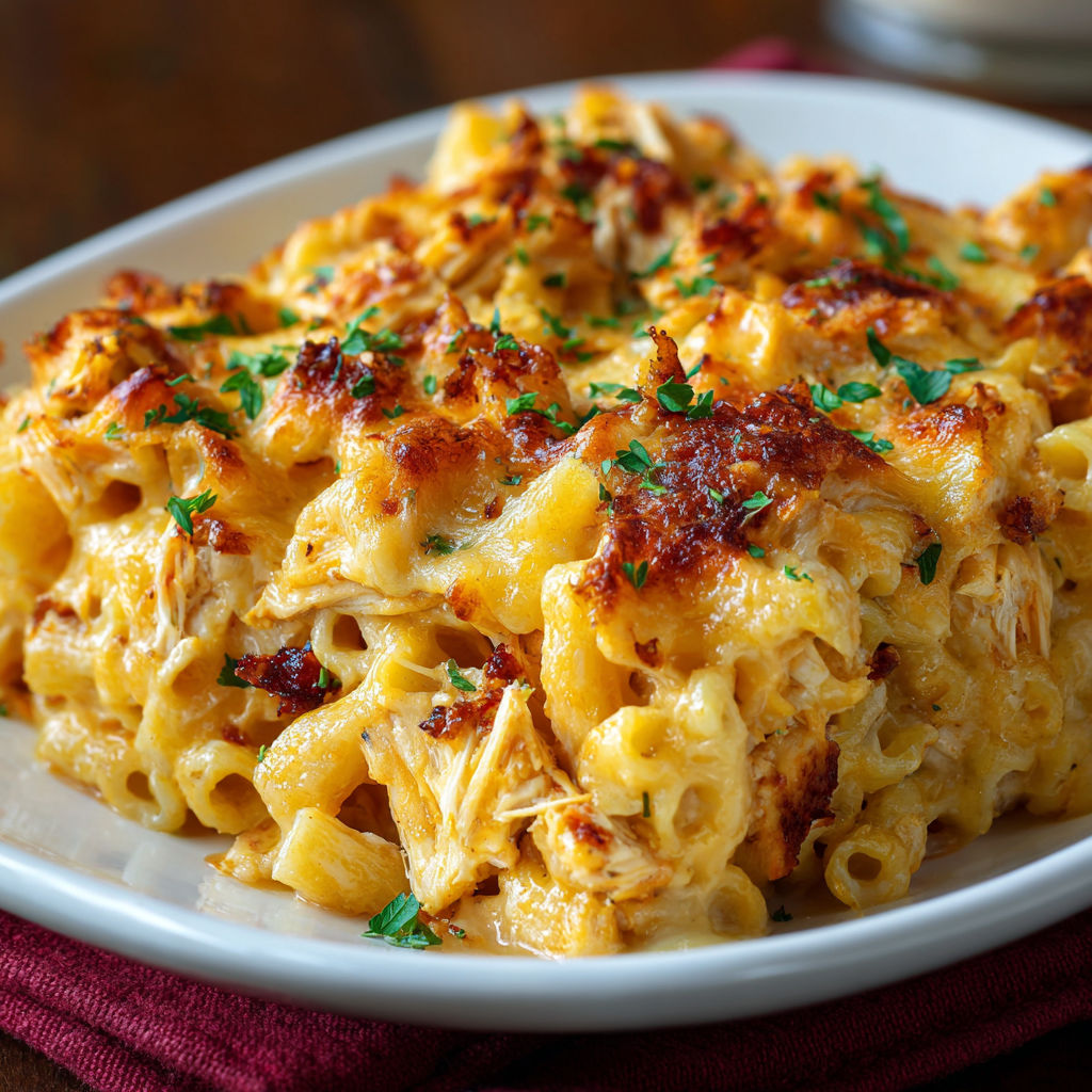 A plate of macaroni and cheese with chicken and bacon.
