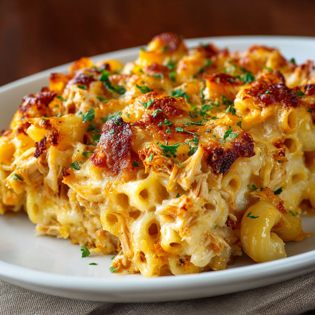 A delicious looking casserole dish filled with pasta, bacon, and cheese, ready to be served.