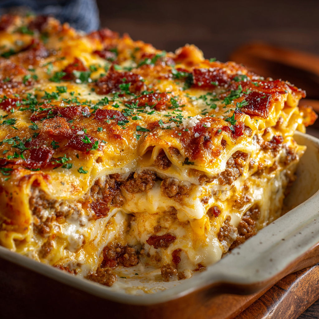 A delicious Parmesan Garlic Bacon Lasagna is served in a white bowl.