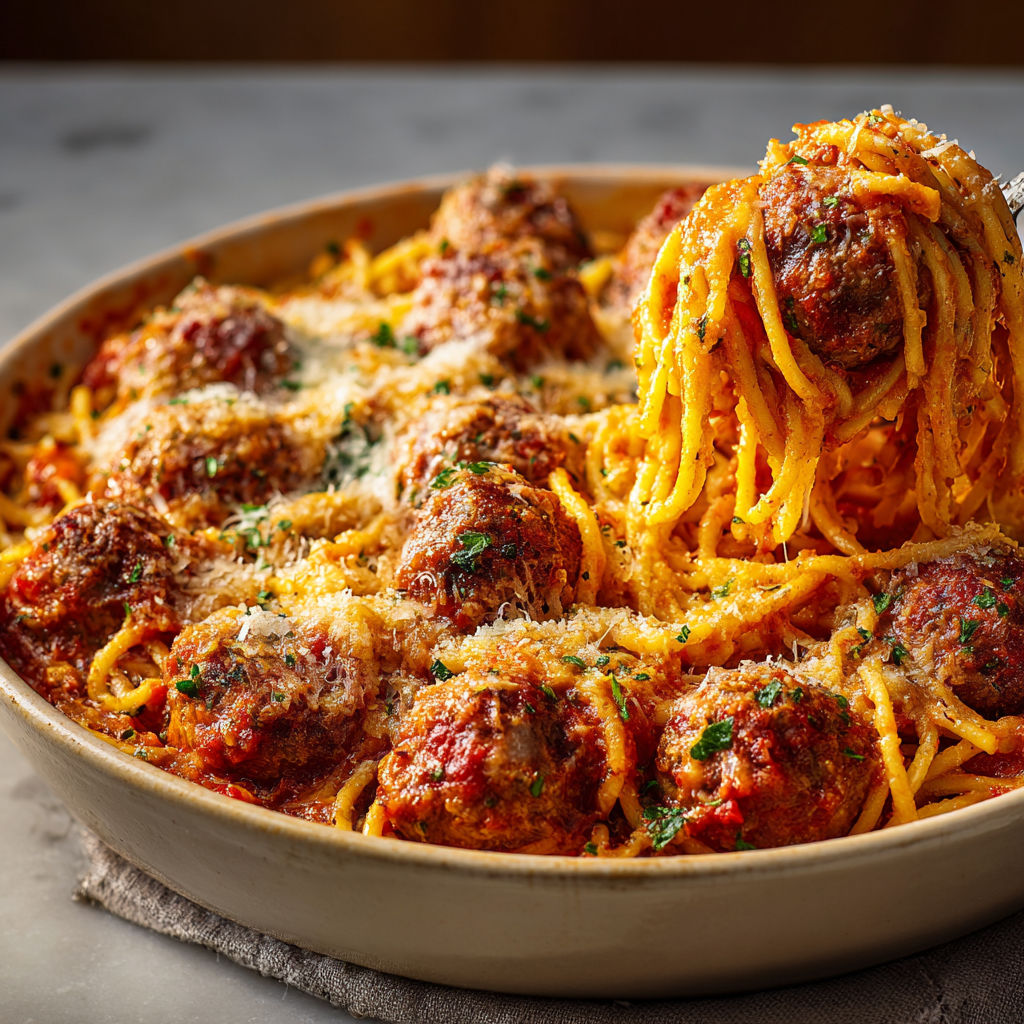 A bowl of spaghetti with meatballs and sauce.