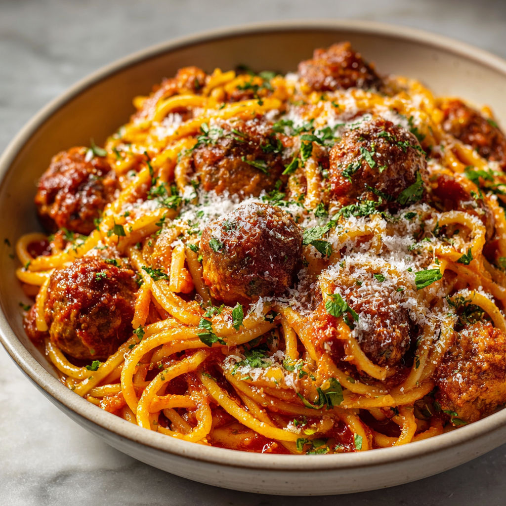 A bowl of spaghetti with meatballs and cheese, served on a dining table.