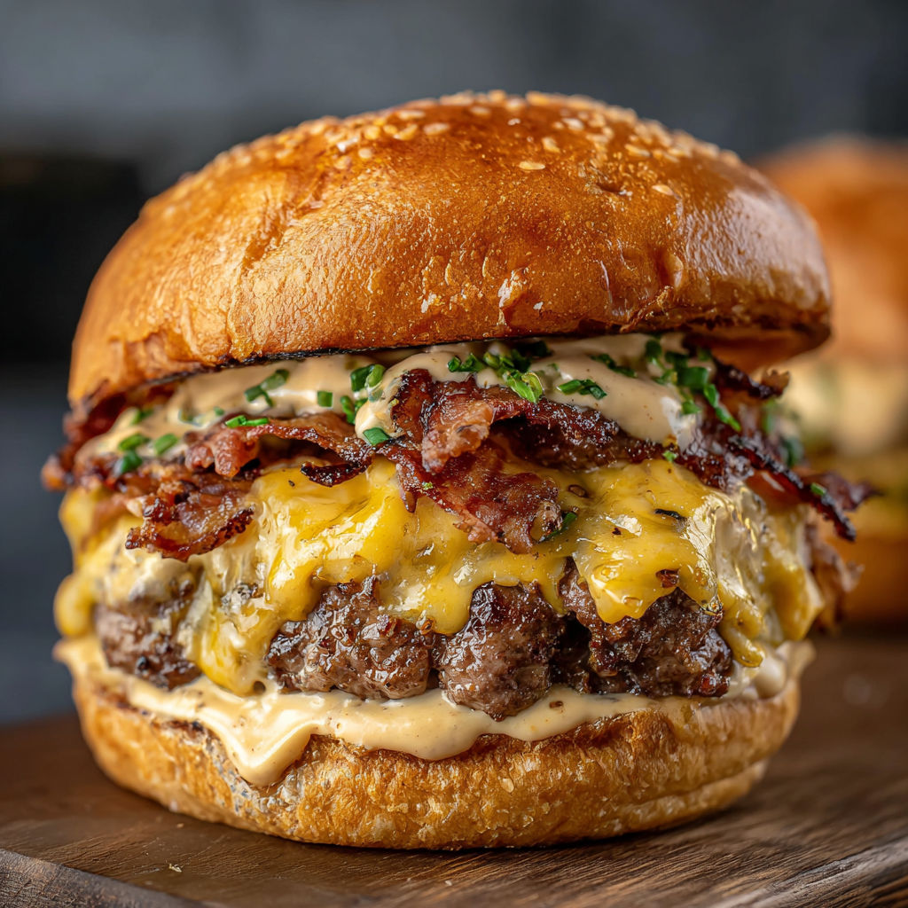 A close up of a bacon cheeseburger with lettuce and tomato on a bun.
