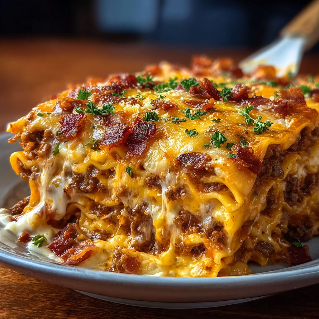A delicious Parmesan Garlic Bacon Lasagna Recipe is served on a white plate.