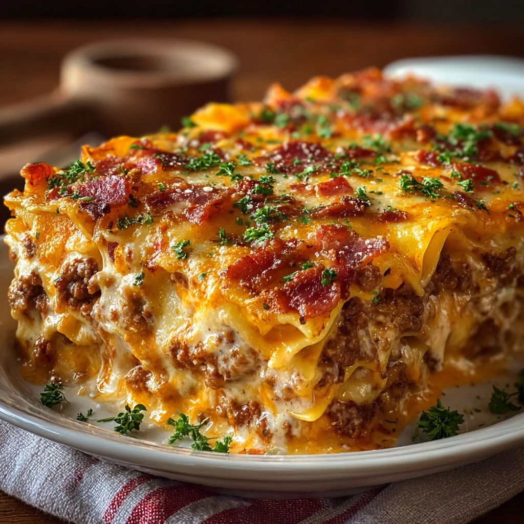 A delicious Parmesan Garlic Bacon Lasagna Recipe is served on a white plate.