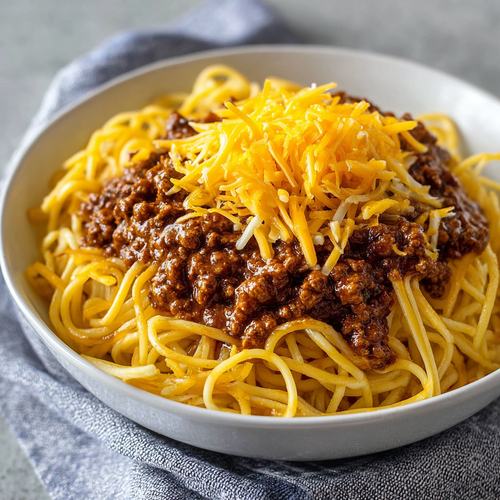 A bowl of Cincinnati Chili, a Skyline Chili copycat, is served on a table.