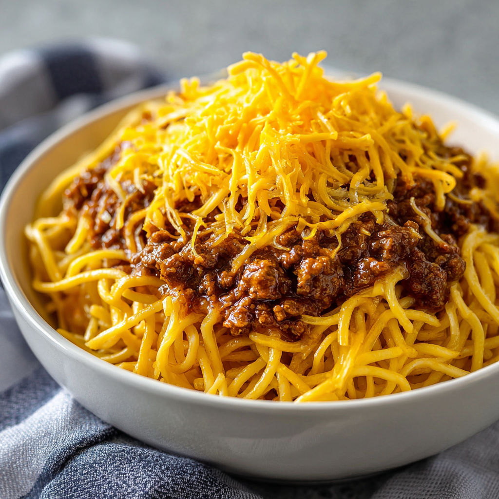 A bowl of Cincinnati Chili, a delicious and hearty dish, is served on a table.