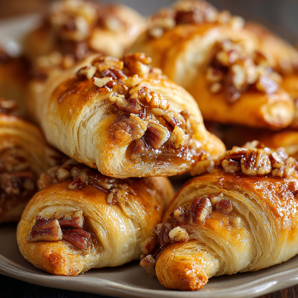 A plate of Pecan Pie Crescents, a delicious pastry filled with a sweet and nutty filling.