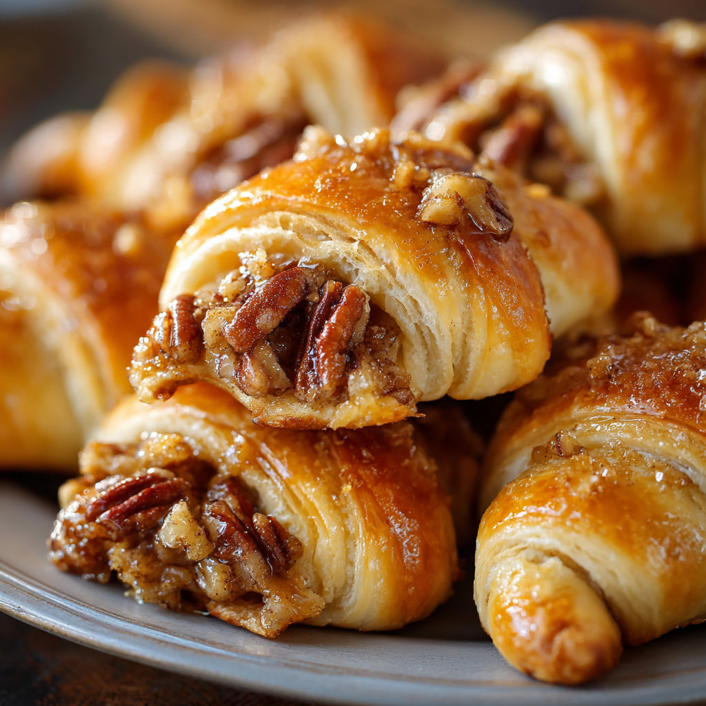 A plate of delicious pastry rolls filled with pecans and drizzled with caramel.