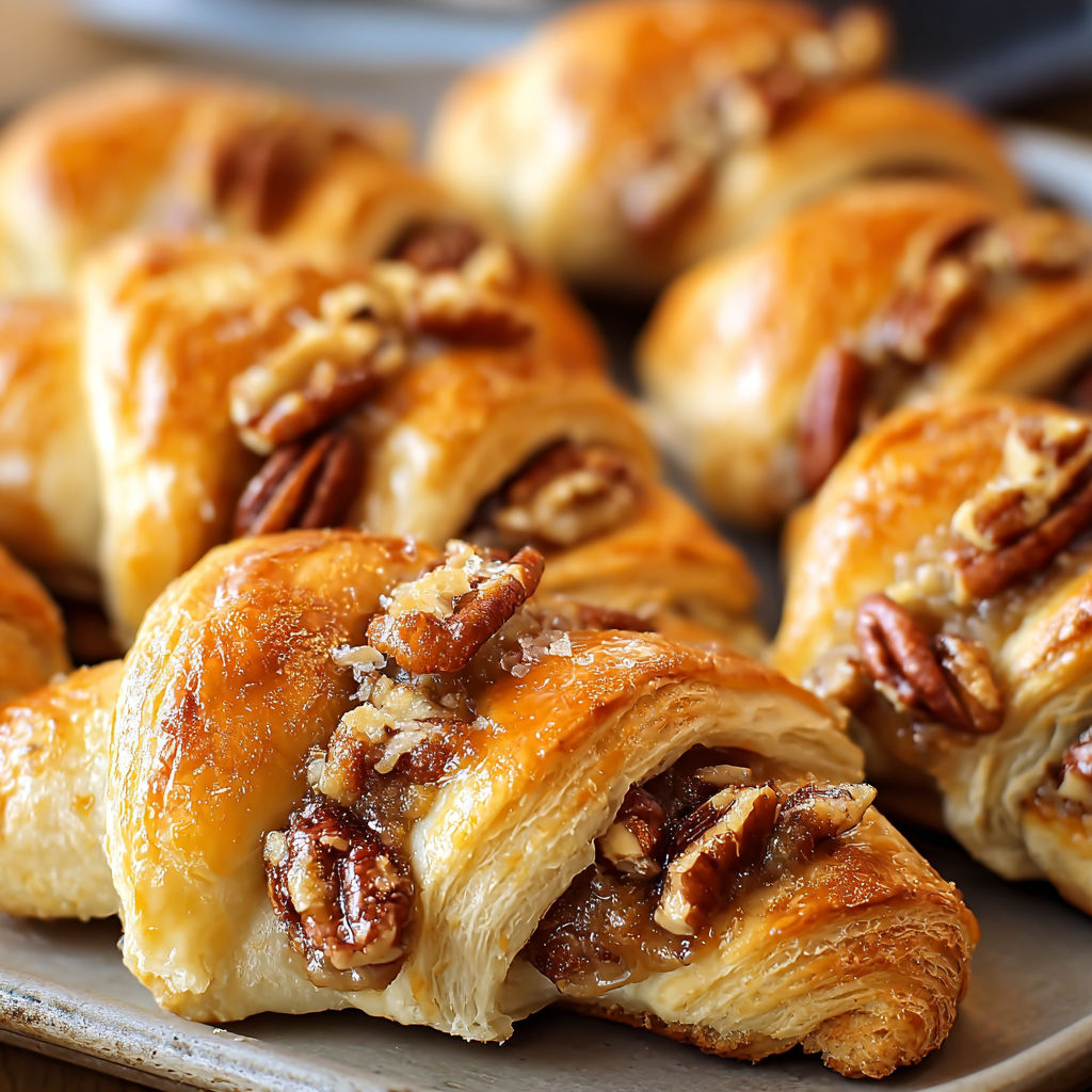 A tray of delicious pastry treats, including a variety of flavors and toppings, such as pecans and walnuts, are displayed on a table.