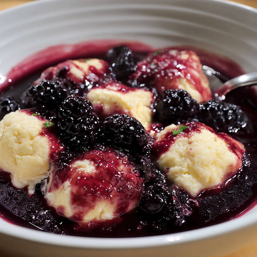 A bowl of blackberry dumplings with a spoon in it.