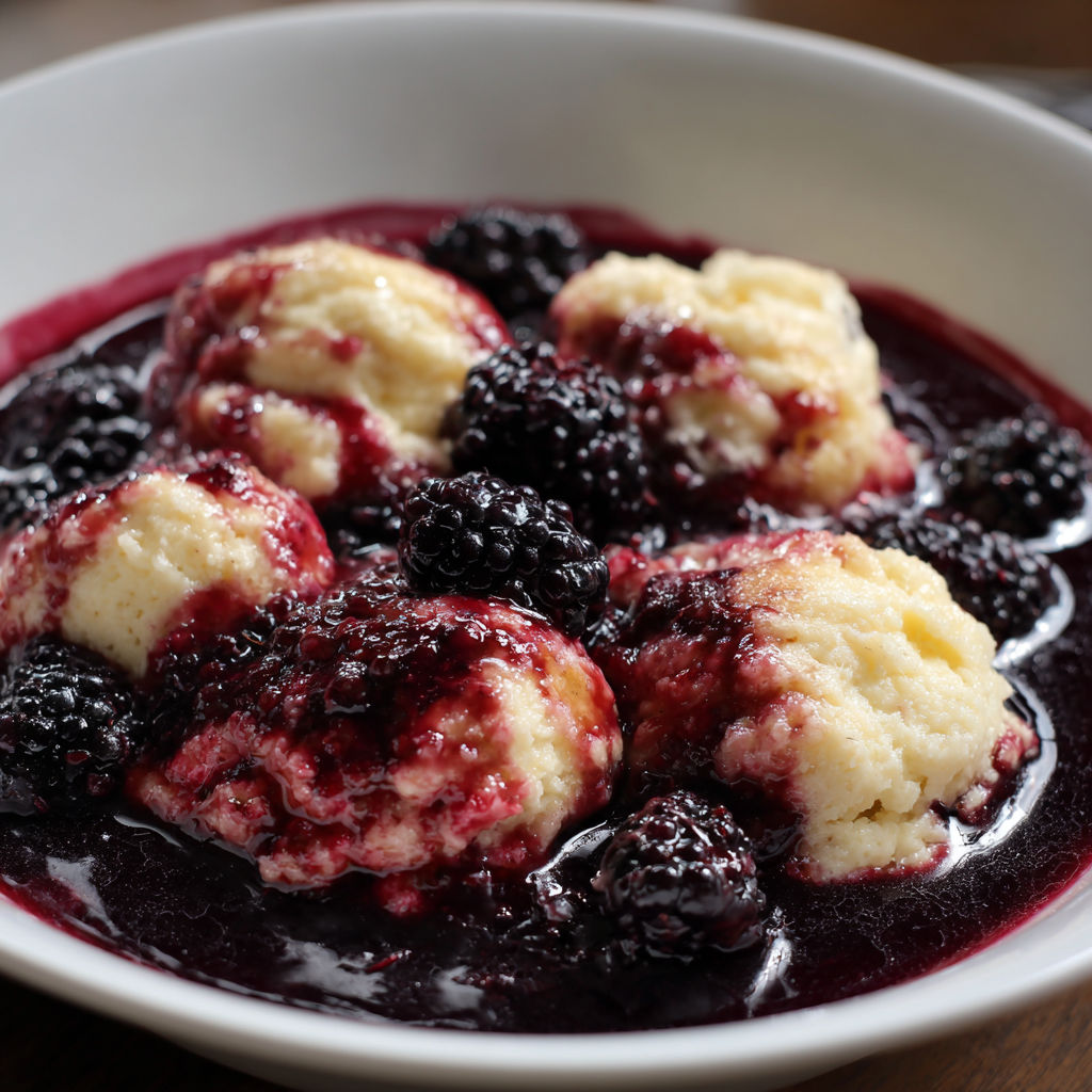A bowl of berry-filled pastry with a blue sauce.