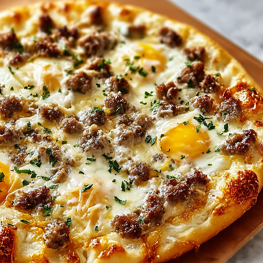 A delicious Gravy Breakfast Pizza with sausage, eggs, and cheese.