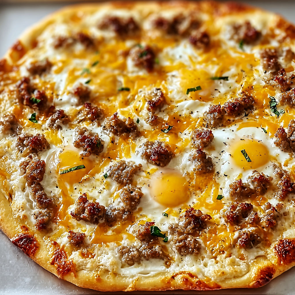 A delicious Gravy Breakfast Pizza with eggs, sausage, and cheese.