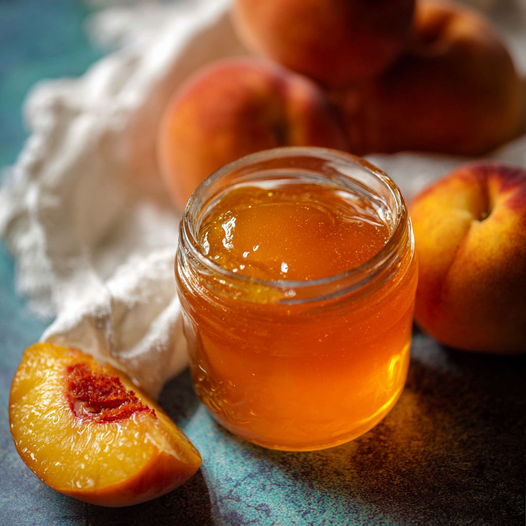 A jar of peach preserves sits on a table next to peaches.