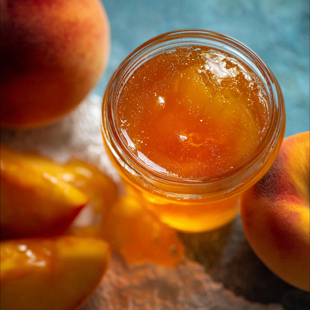 A jar of honey is placed on a table next to a peach.