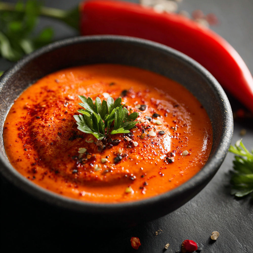 A bowl of Smoky Red Pepper Crema with a sprig of parsley on top.