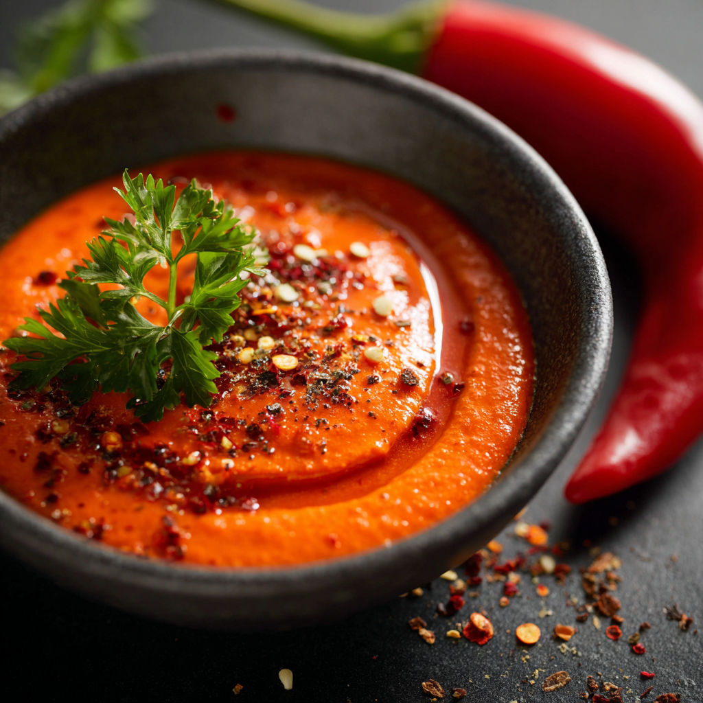 A bowl of red soup with a sprig of parsley on top, accompanied by a red pepper.