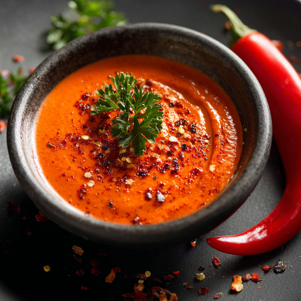 A bowl of red soup with a spoon and a pepper on the side.