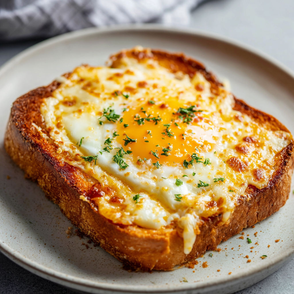 A slice of toast with a fried egg and cheese on top, served on a plate.