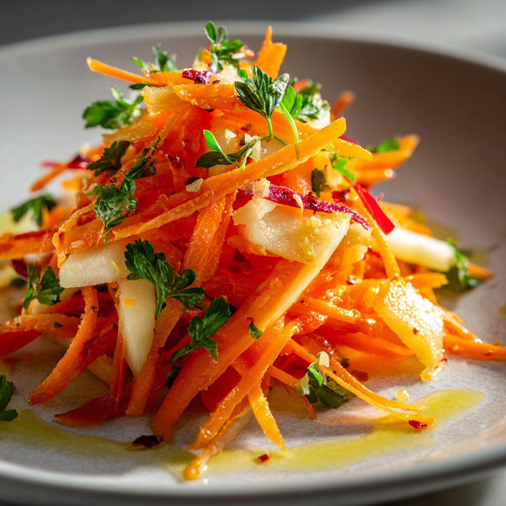 A plate of carrot apple salad with a drizzle of olive oil.