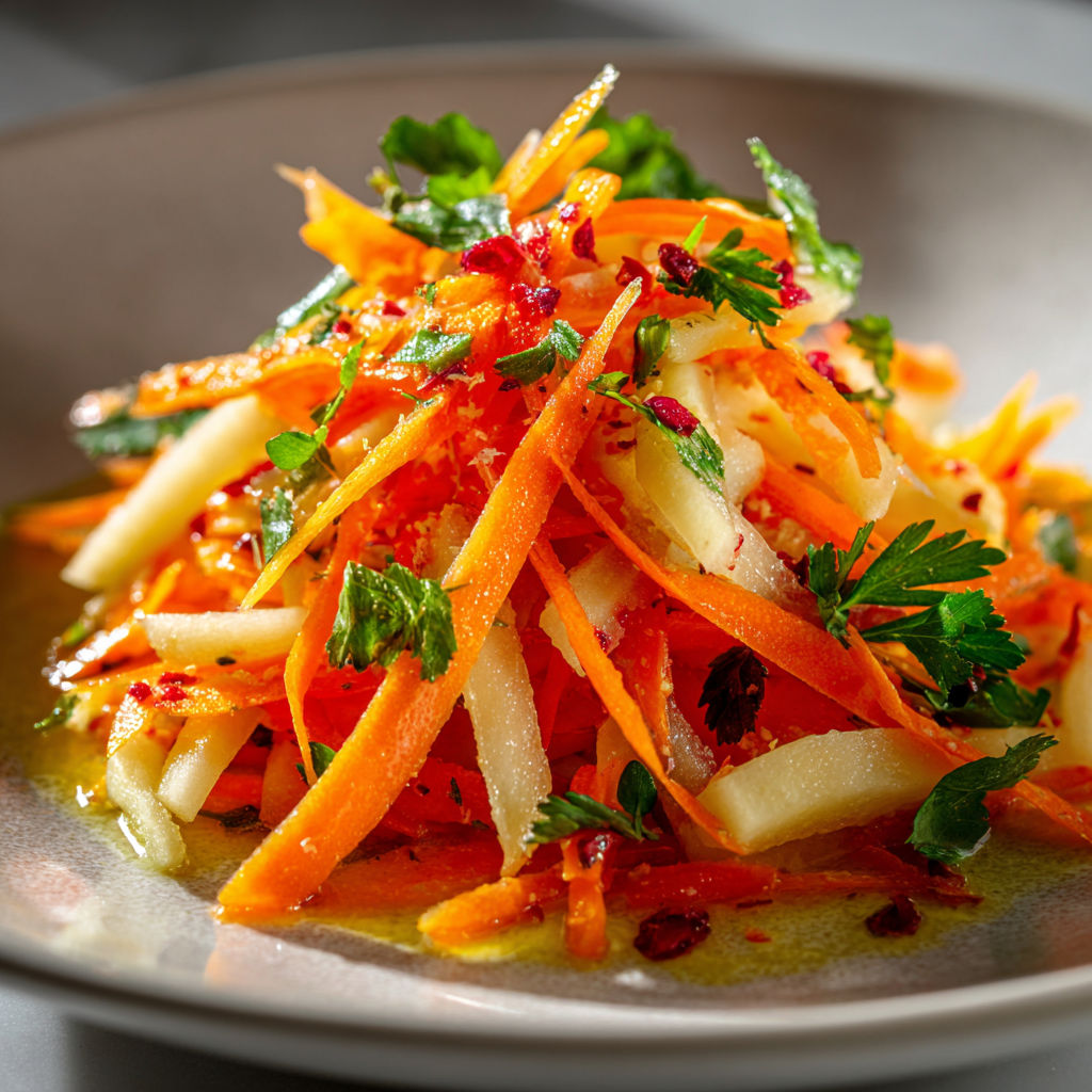 A dish of carrot apple salad with a variety of carrots and apples.