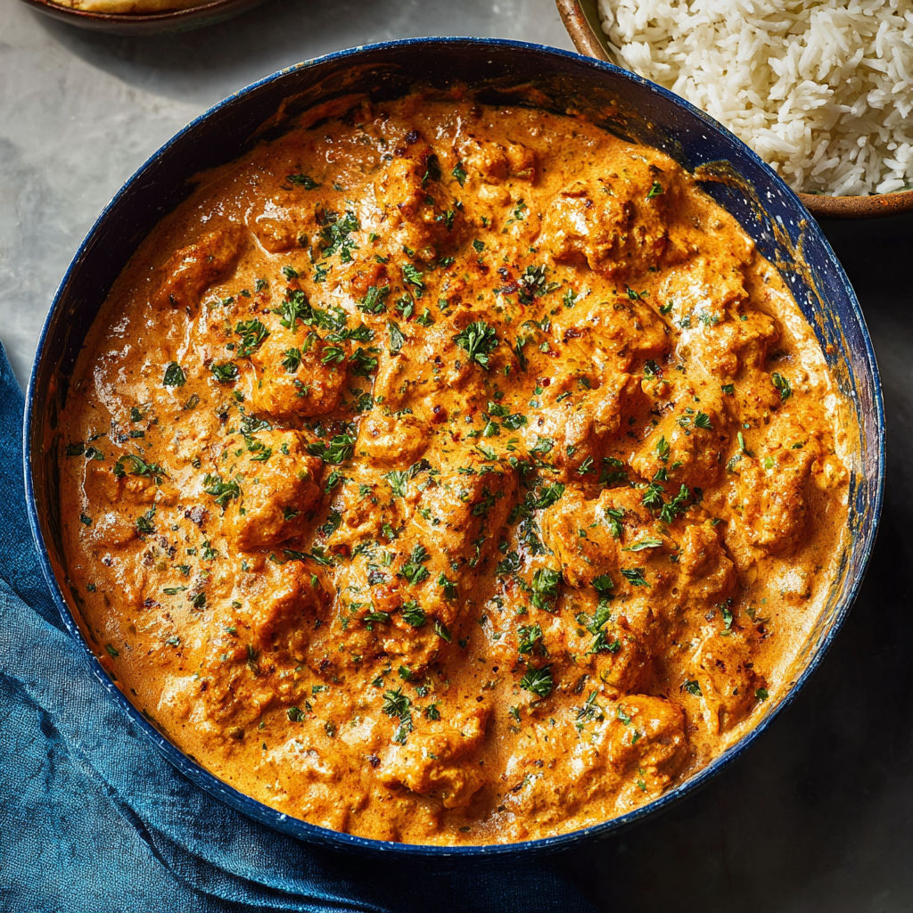 A bowl of butter chicken with a spoon in it.