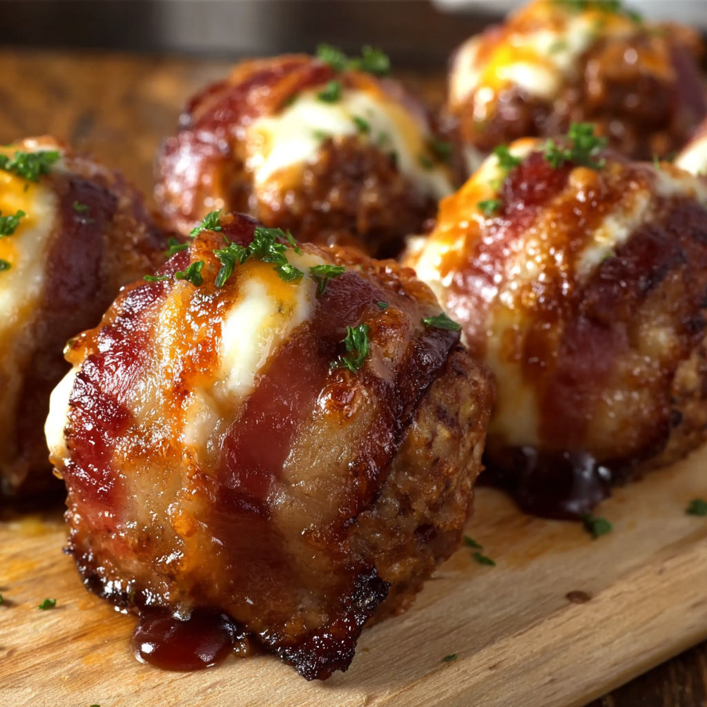 A delicious BBQ Cheddar Bacon Bombs recipe is displayed on a wooden cutting board.
