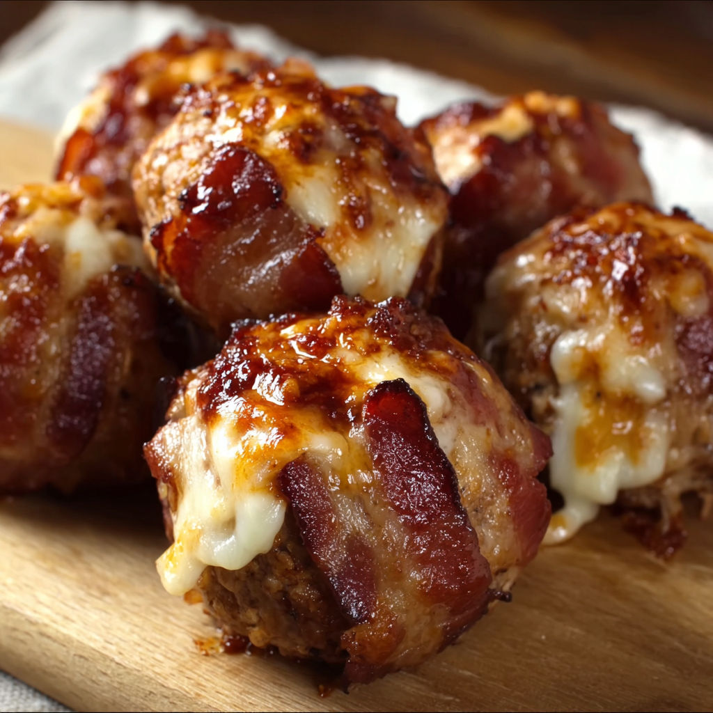 A delicious BBQ Cheddar Bacon Bombs recipe is displayed on a wooden cutting board.